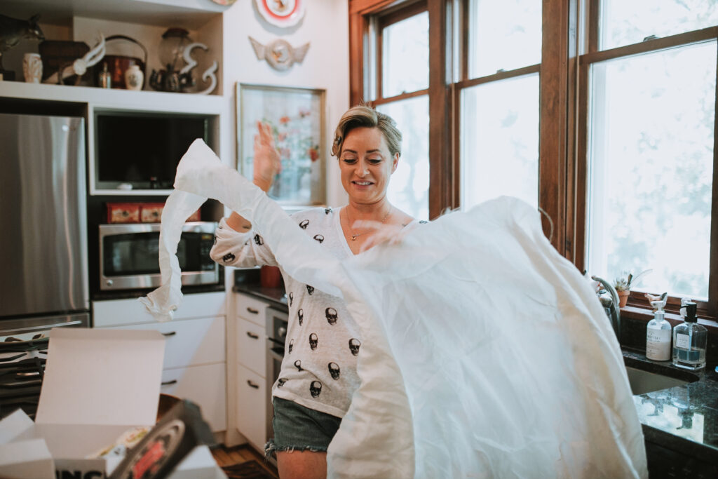 bride’s bouquet with pieces of her great-grandmother’s dress